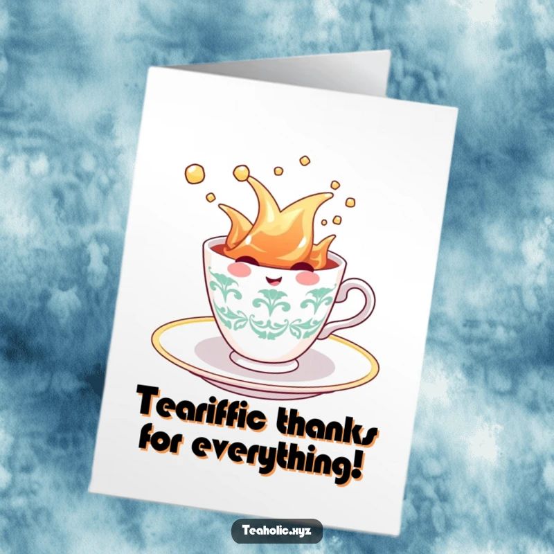 Funny Free Printable Thank You Card: A happy teacup character splashing in its tea, expressing heartfelt thanks.