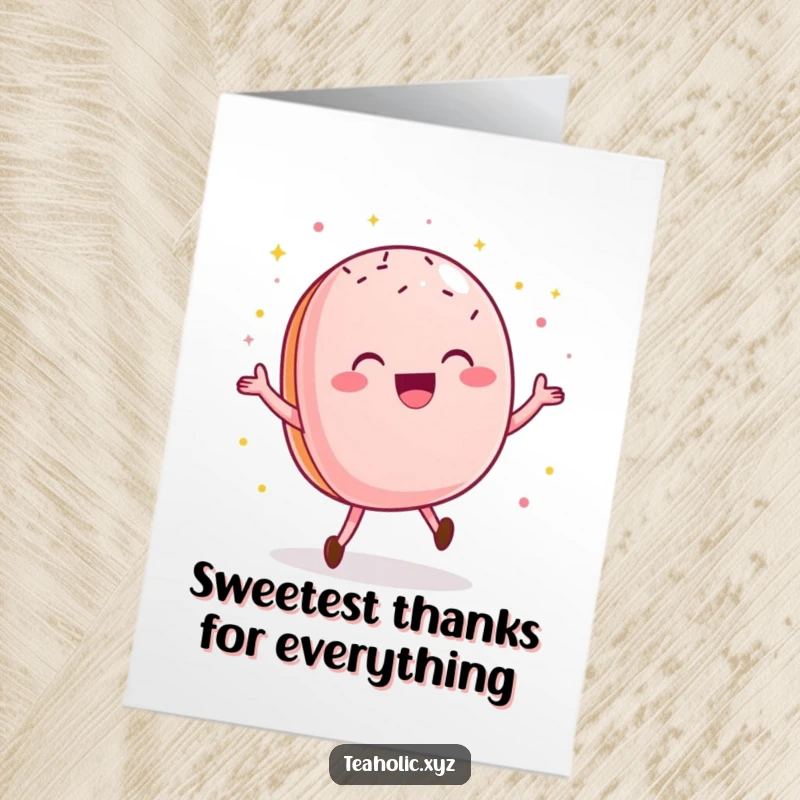 Funny Free Printable Thank You Card: A delighted macaroon doing a happy dance with sparkly sprinkles, expressing sweet and humorous thanks.