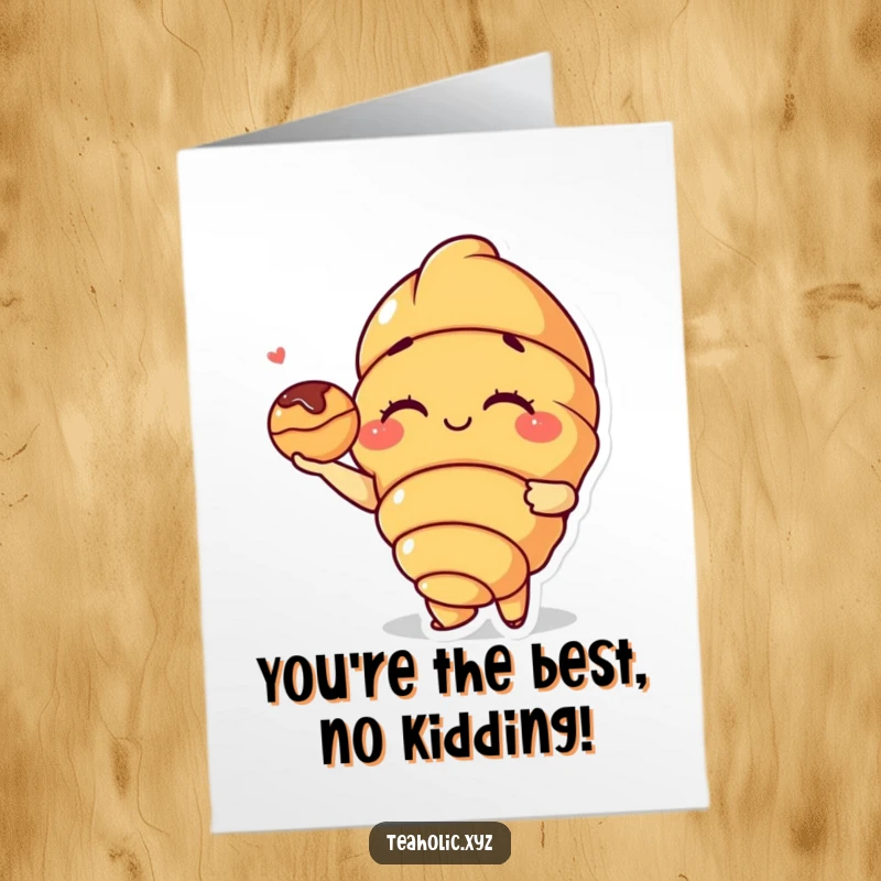 Funny Free Printable Thank You Card: A winking croissant character offers a tiny pastry to express thanks.