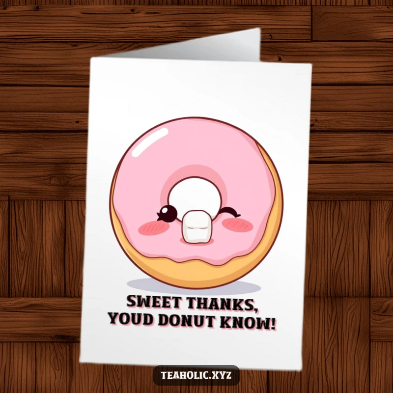 Funny Free Printable Thank You Card: A blushing donut winks slyly while balancing a tiny sugar cube, a sweet and funny thank you.