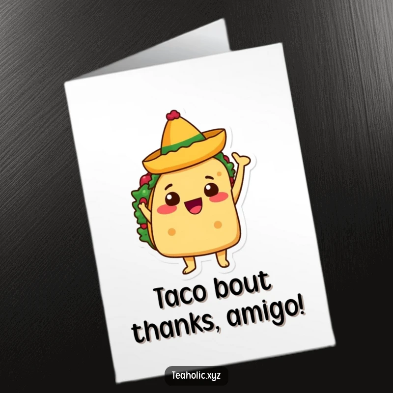 Funny Free Printable Thank You Card: A smiling taco character waving a small sombrero, great for a quirky DIY gift.