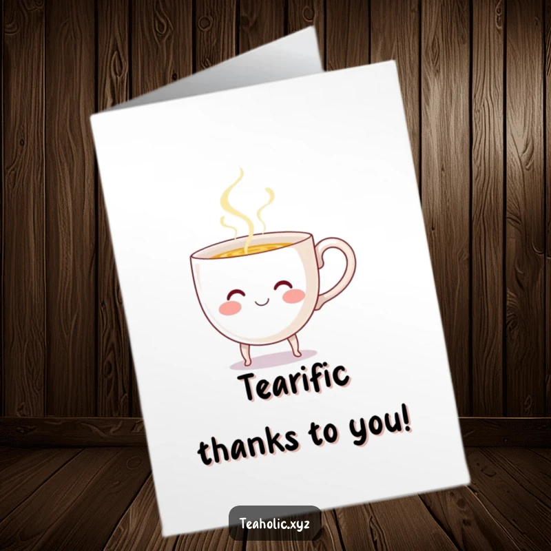 Funny Free Printable Thank You Card: A smiling teacup with tiny legs cheerfully pours steaming liquid, conveying heartfelt thanks.