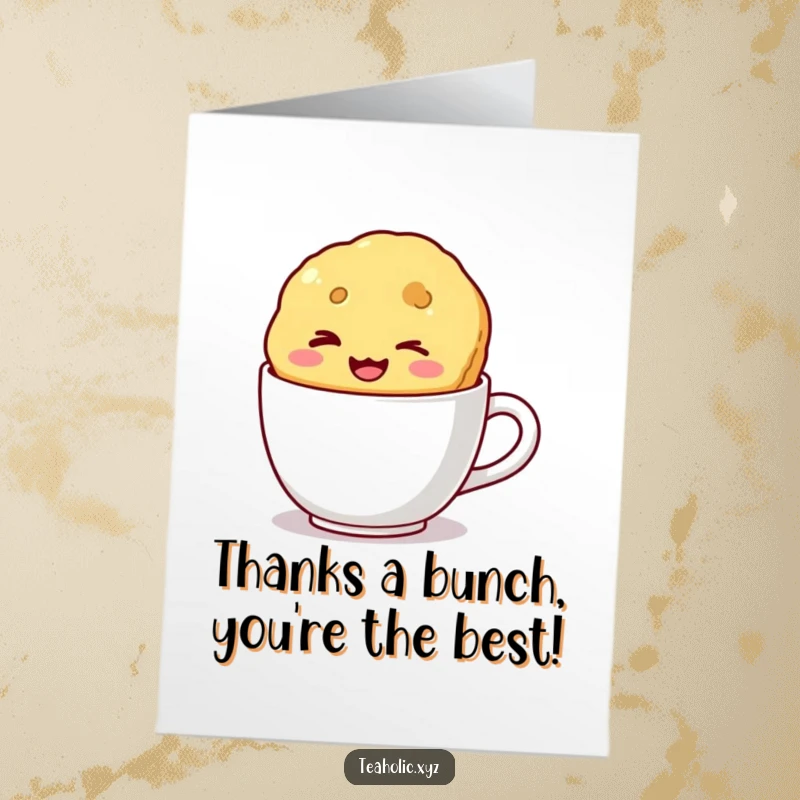 Funny Free Printable Thank You Card: A winking biscuit with a wide smile floats in a mug to say thanks.