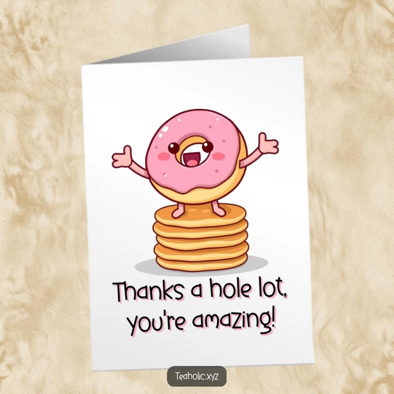 Funny Free Printable Thank You Card: A cheerful donut with legs bounces excitedly on pancakes to say thanks.