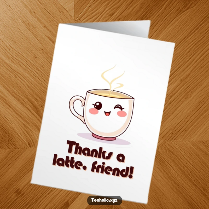 Funny Free Printable Thank You Card: A smiling teacup character pouring a stream of warm steam, symbolizing heartfelt thanks.