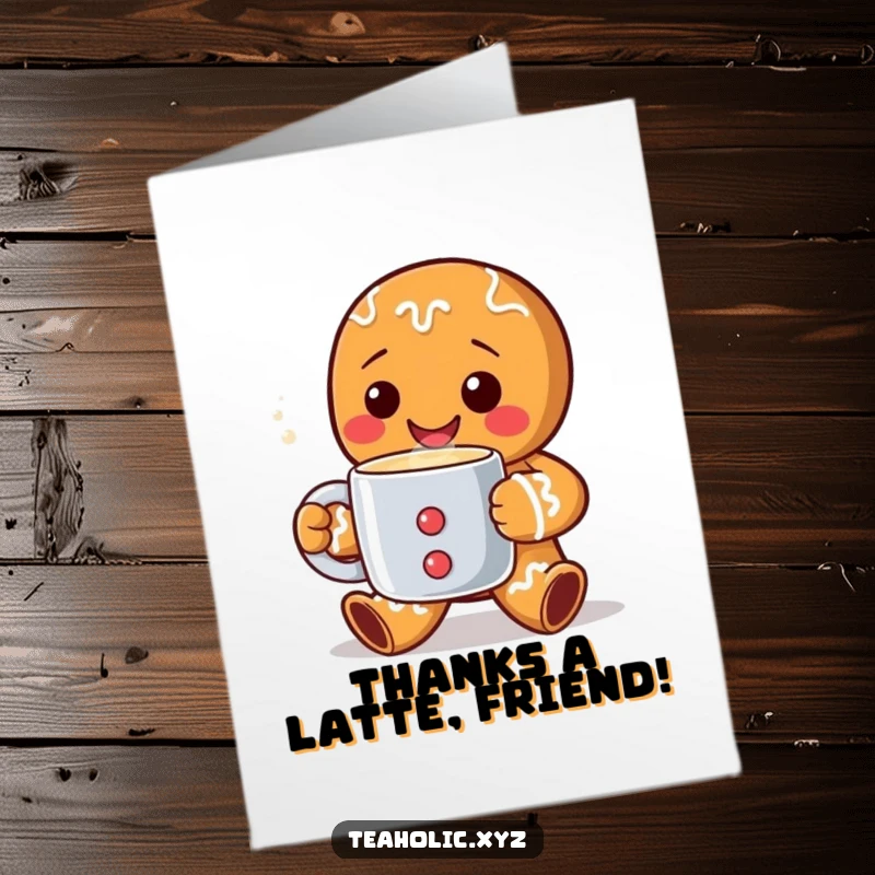 Funny Free Printable Thank You Card featuring a happy gingerbread man offering a steaming mug with gratitude.