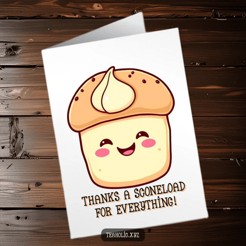 Funny Free Printable Thank You Card: A smiling scone with cream hops joyfully to express thanks.