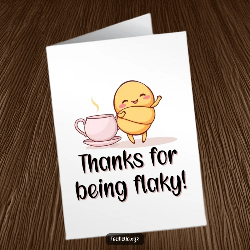 Funny Free Printable Thank You Card: A giggling croissant does a graceful twirl beside a teapot, showing thanks.