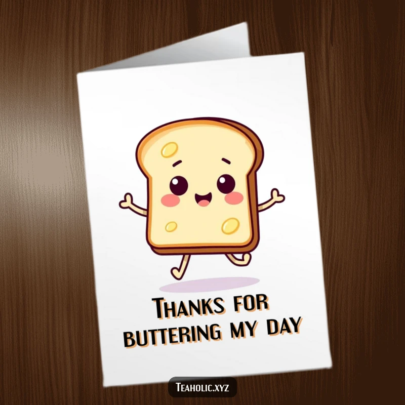 Funny Free Printable Thank You Card: A smiling slice of toast with butter, doing a happy hop skip to say thank you.