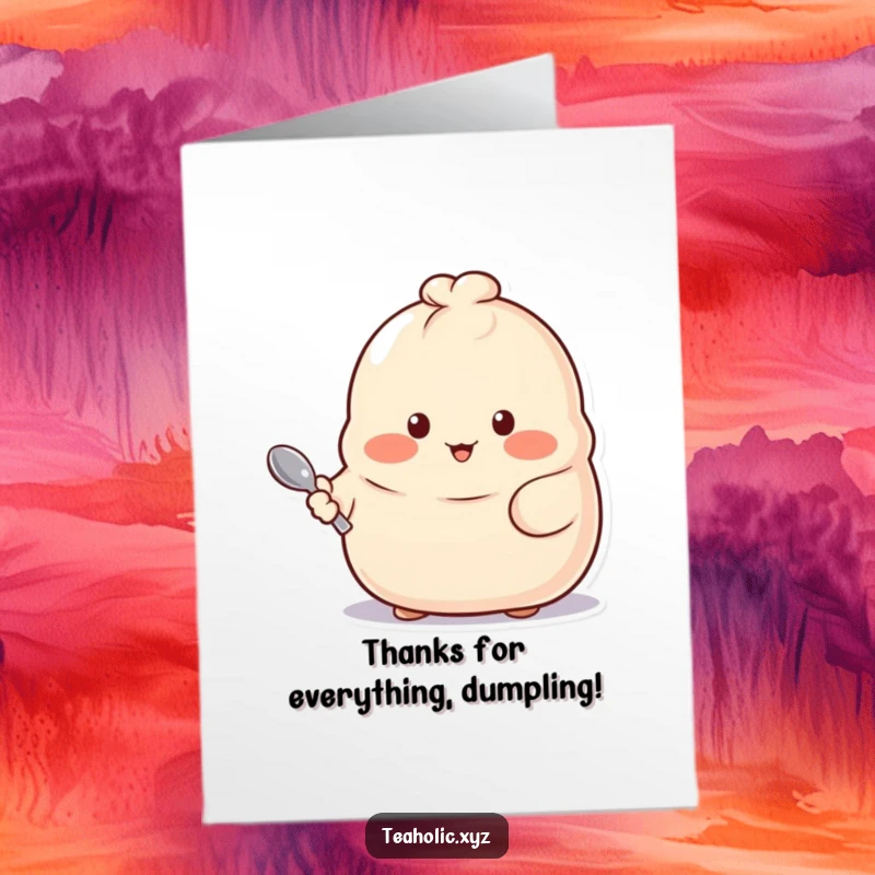 Funny Free Printable Thank You Card of a proud dumpling with rosy cheeks holding a tiny spoon, expressing thanks.