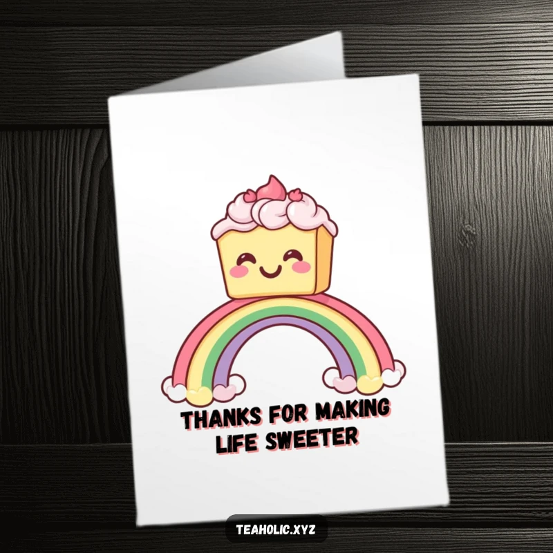 Funny Free Printable Thank You Card: Grinning cake slides down rainbow, a sweet and humorous thank you