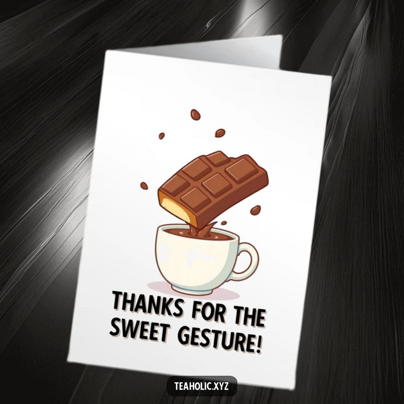 Funny Free Printable Thank You Card: A chocolate bar executes a somersault over a steaming mug, expressing thanks with flair.
