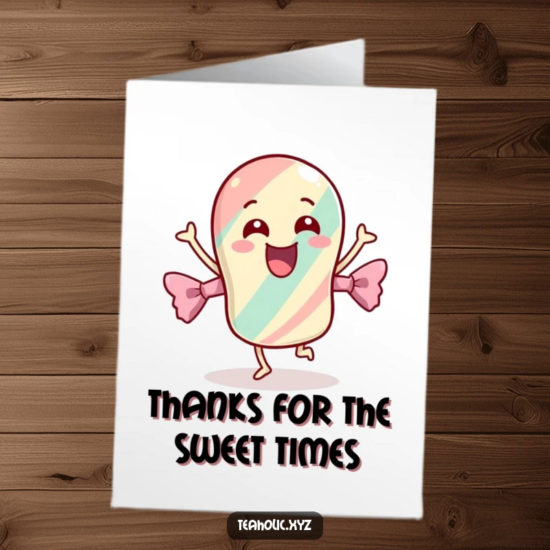 Funny Free Printable Thank You Card: Cheerful candy dances energetically in its wrapper, sweet and fun