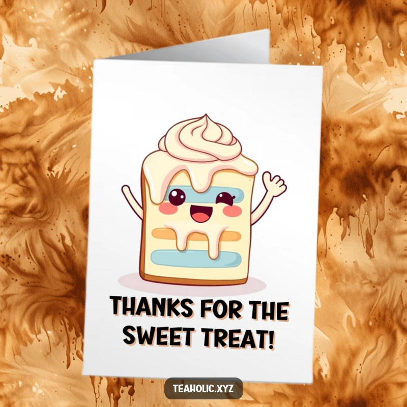 Funny Free Printable Thank You Card: A happy cake slice with dripping frosting waves enthusiastically, expressing thanks sweetly.