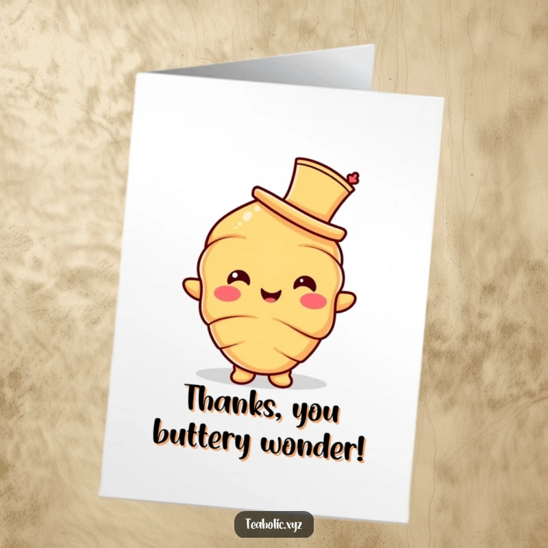 Funny Free Printable Thank You Card: A smiling croissant character doffs a fancy hat, offering a polite and humorous expression of thanks.