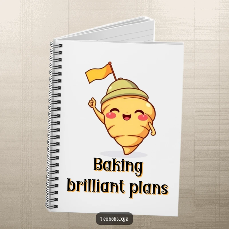 Funny notebook with a giggling croissant and jaunty cap, ready to hold your creative baking ideas.