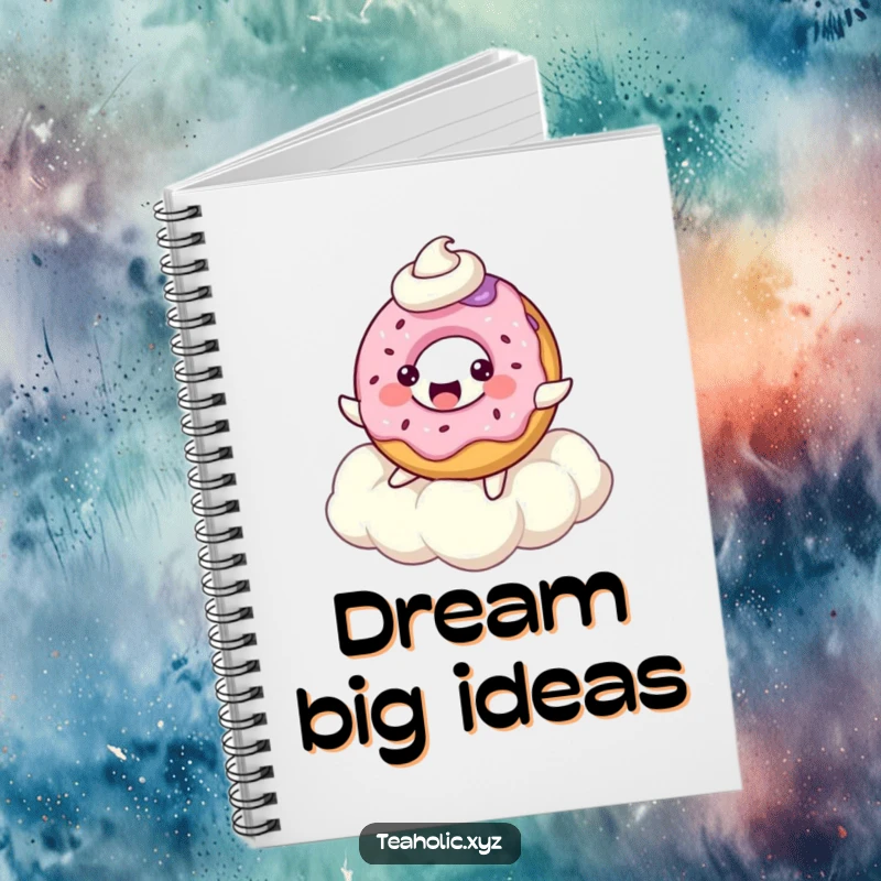 Bubbly donut character, playfully bouncing on a whipped cream cloud, perfect for journaling and notes.