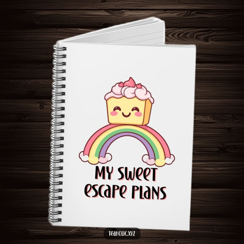 Funny notebook with a grinning cake sliding down a rainbow, designed to inspire creative writing and note-taking sessions.