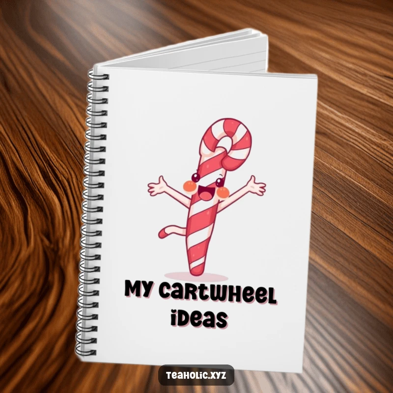 Funny notebook featuring a joyful candy cane doing a cartwheel with striped flair, ideal for jotting down sweet thoughts.