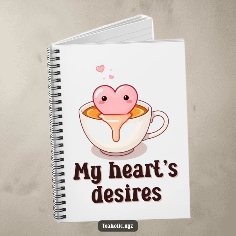 Funny candy heart happily melting into a warm cup of tea, on the cover of a humorous notebook.