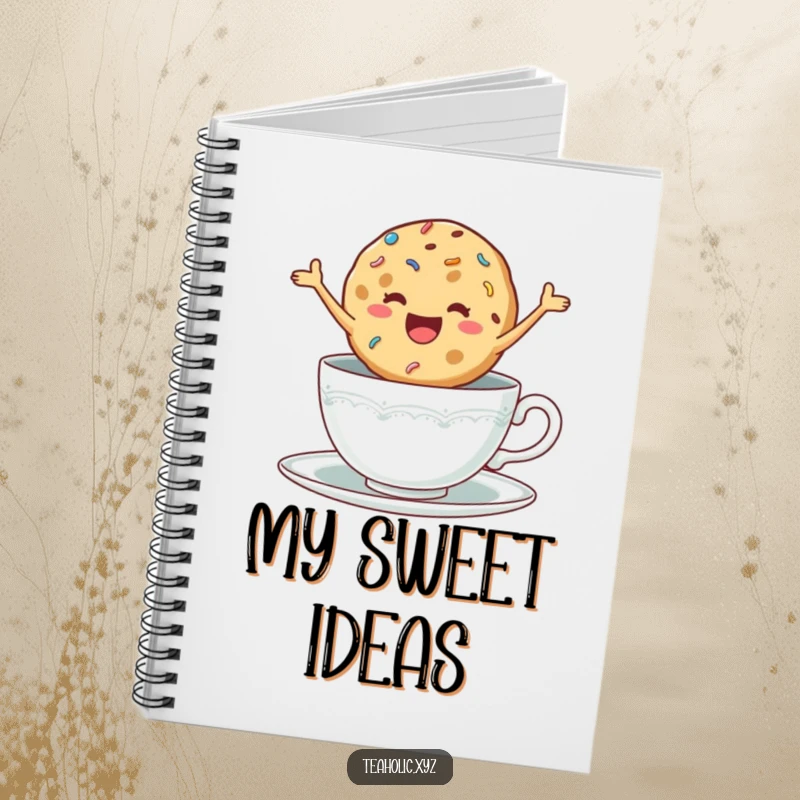 Funny notebook with a delighted cookie with sprinkles jumping excitedly in a teacup, ideal for writing.