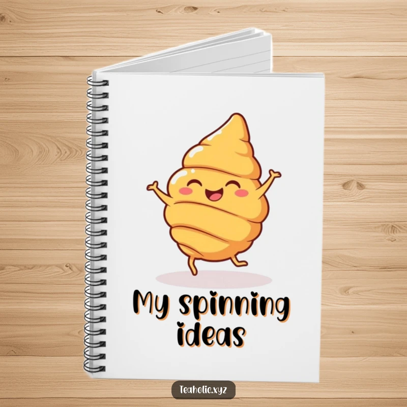 Funny Notebook cover featuring a cheerful croissant with legs, joyfully spinning, ready to capture your sweet thoughts.
