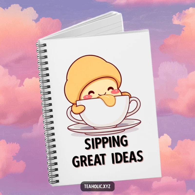 Smiling croissant character, taking a huge sip from a teacup, perfect for journaling and notes.