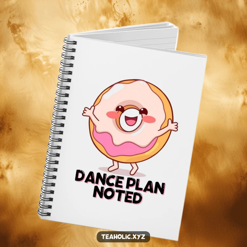 Funny notebook featuring a smiling donut character happily doing a little dance, surrounded by decorative sprinkles.