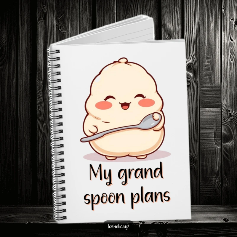 Funny notebook featuring a proud dumpling with rosy cheeks holding a tiny spoon, perfect for jotting down recipes and notes.