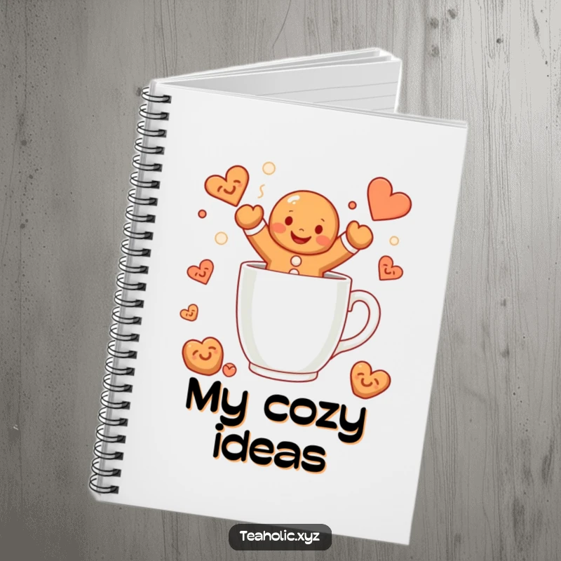 Funny gingerbread man notebook with a smiling character jumping into a steaming mug, ideal for jotting down holiday ideas and notes.
