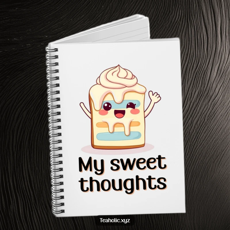 Funny happy slice of cake with dripping frosting, waving enthusiastically, suitable for a notebook cover.