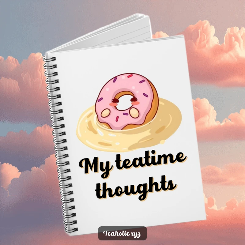 Funny donut notebook with a happy donut rolling with pleasure in a pool of tea, perfect for notes and creative inspiration.