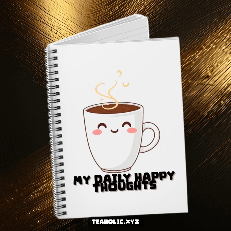 Funny smiling coffee cup notebook, ideal for jotting down notes and ideas, featuring a cheerful coffee cup with a happy steam design.