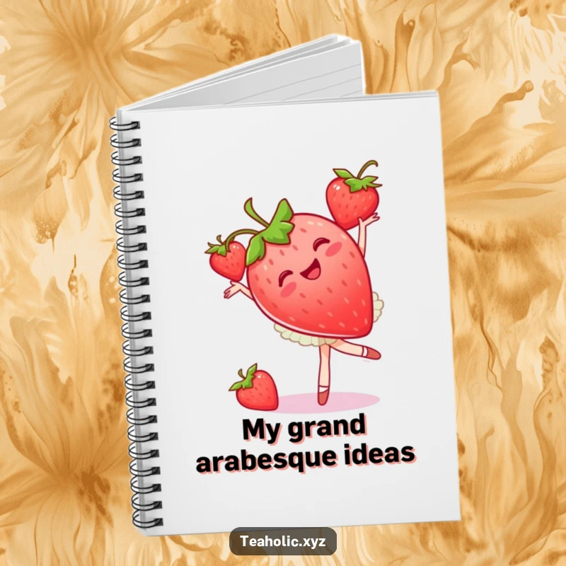 Funny strawberry ballet notebook featuring a joyous fruit dancer in a pirouette, perfect for a funny gift.