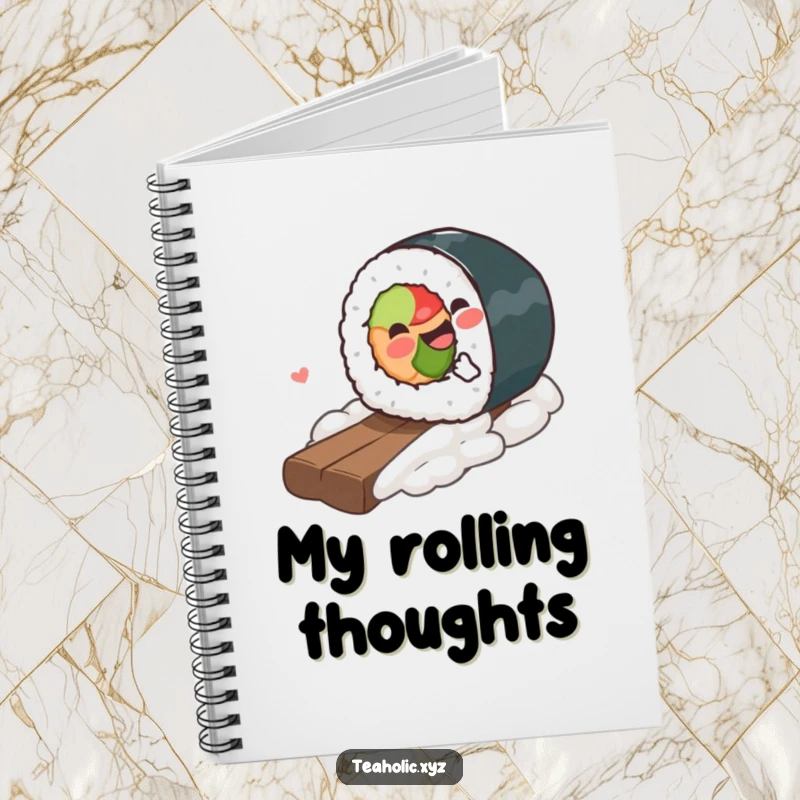 Funny Notebook featuring a gleeful piece of sushi rolling downhill, inspiring humorous notes and culinary inspiration.