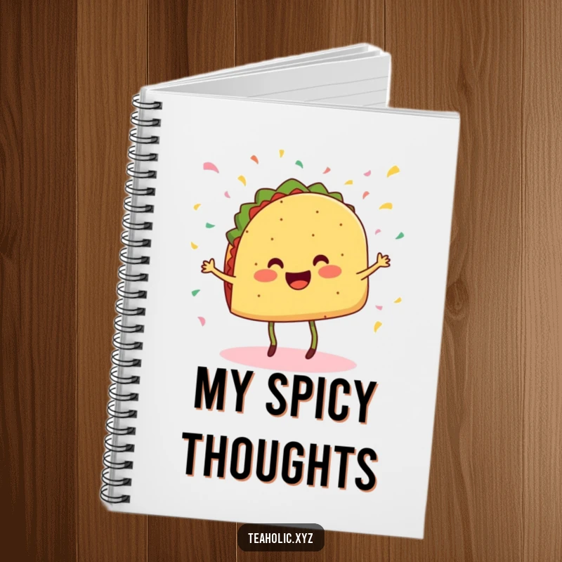 Funny notebook with a cheerful taco with legs dancing and confetti falling, ideal for writing.