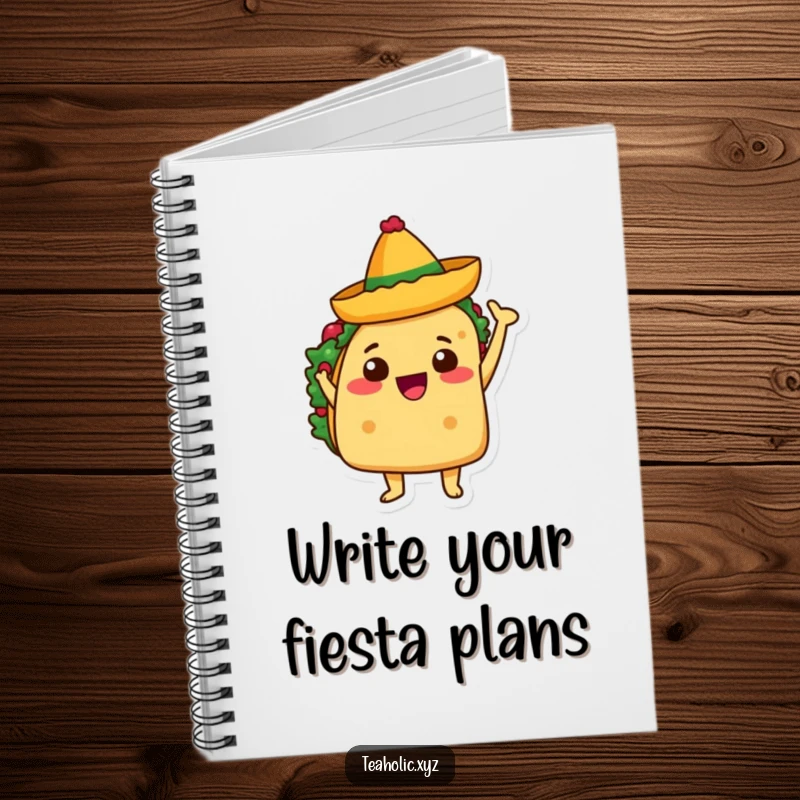 Funny notebook with a taco character joyfully waving a tiny sombrero, perfect for jotting down fiesta plans.