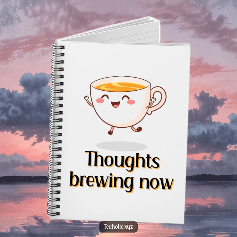 Funny Notebook with a smiling tea cup in a happy jump with swirling steam, perfect for jotting down creative ideas and notes.