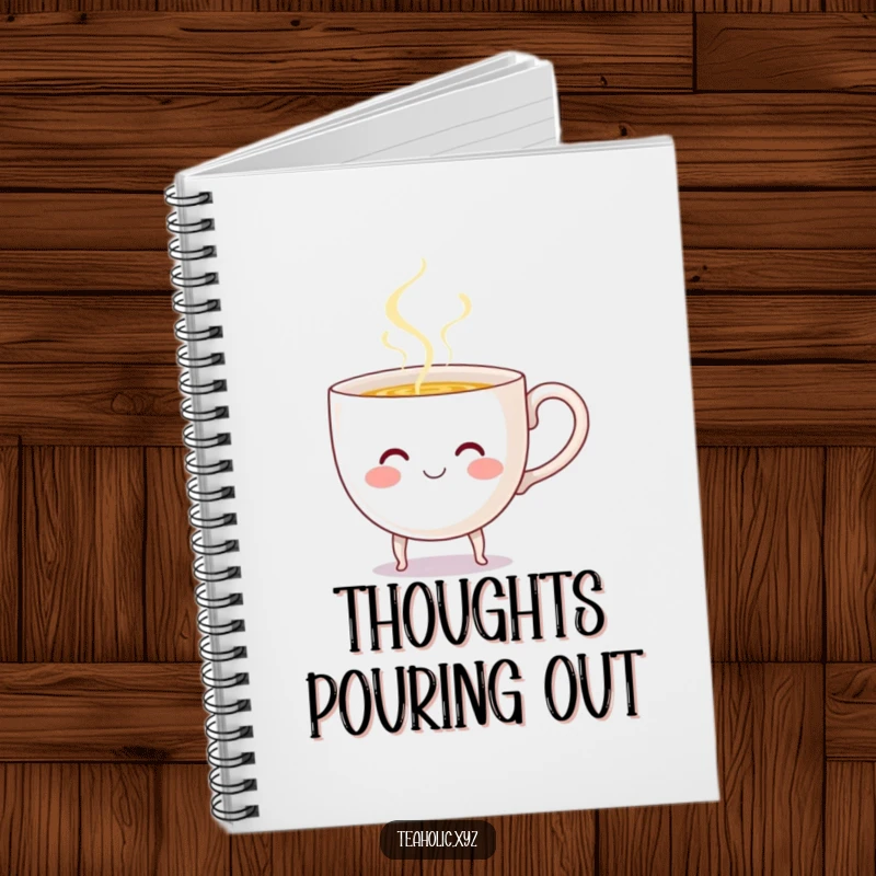 Funny Teacup Notebook: A smiling teacup with tiny legs cheerfully pours steaming liquid, prompting happy and creative notes.