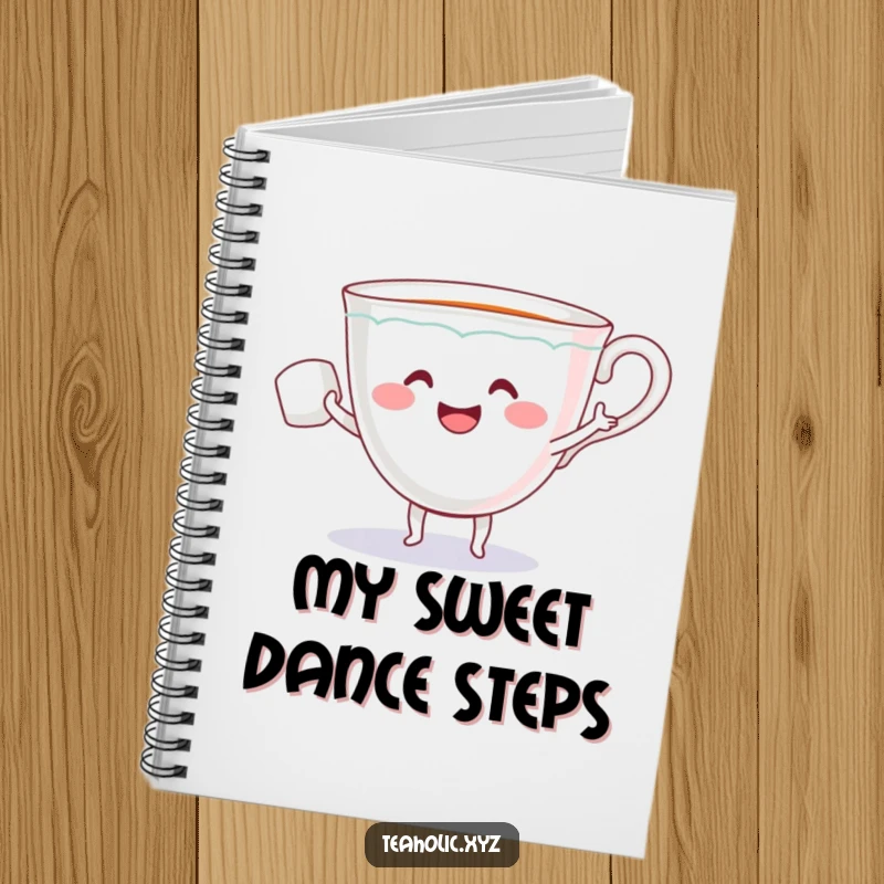Funny notebook featuring a smiling teacup with tiny arms dancing with a sugar cube, perfect for jotting down notes with flair.