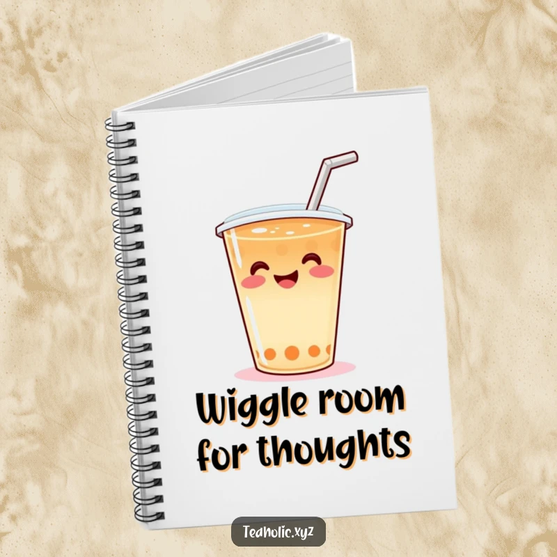 Funny Notebook cover featuring a smiling tea cup with a straw, doing a happy wiggle, ready to capture your thoughts humorously.