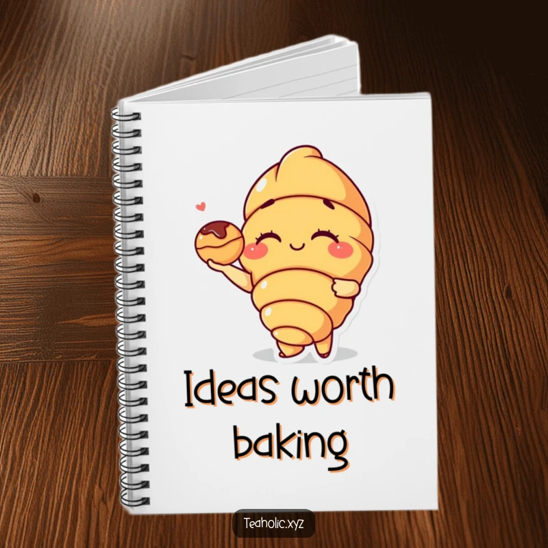 Funny Croissant Notebook: A smiling croissant character politely offers a mini pastry, inspiring sweet thoughts and creative notes.