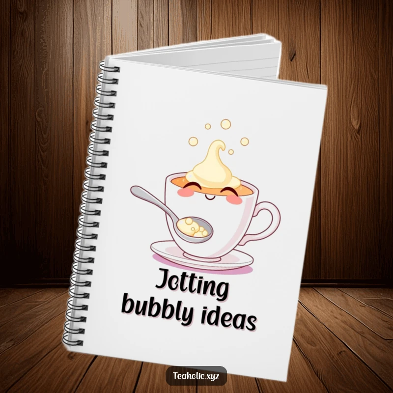 Smiling teacup character, spilling effervescent bubbles from a spoon, perfect for journaling and notes.