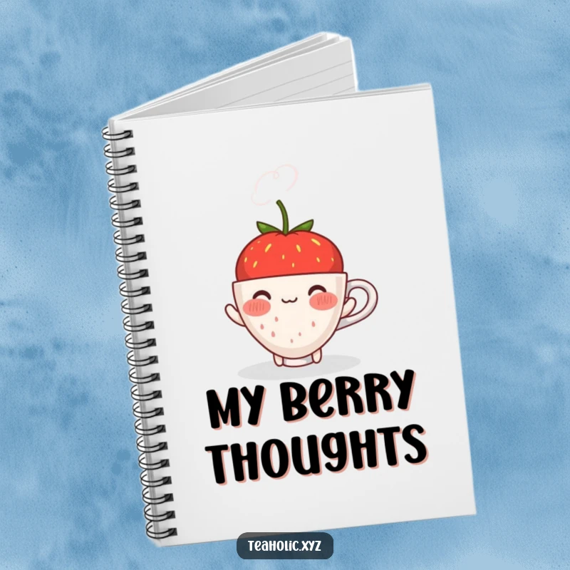 Funny blushing strawberry offering a steaming cup with a shy smile, on the cover of a humorous notebook.