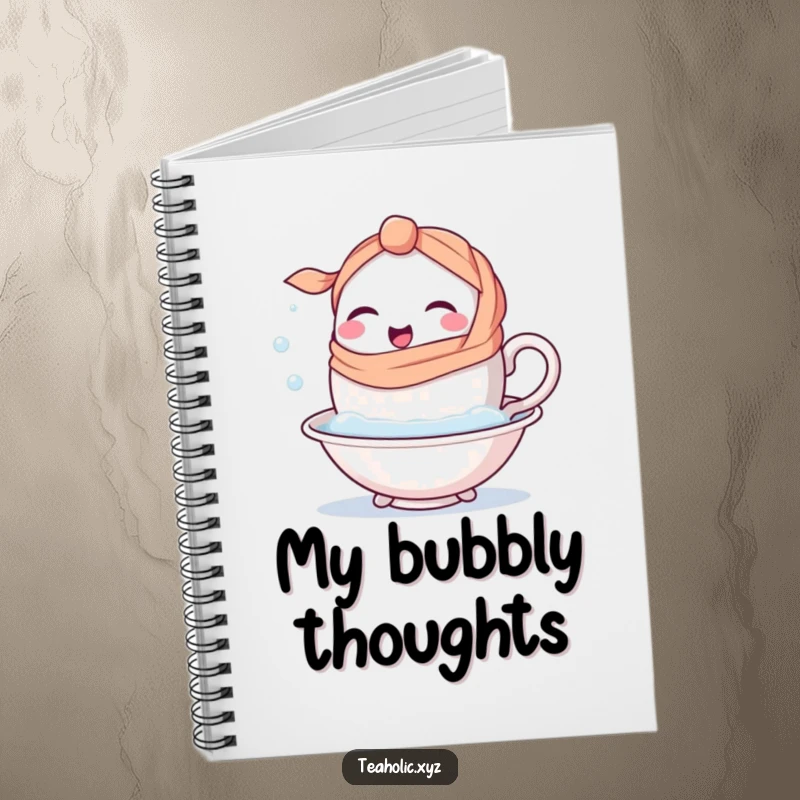 Funny happy teacup character with a handle-scarf winking while taking a bubbly bath on a notebook cover.