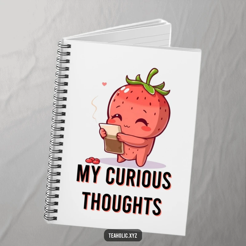 Funny curious strawberry with arms crossed, inspecting a teabag, suitable for a notebook cover.