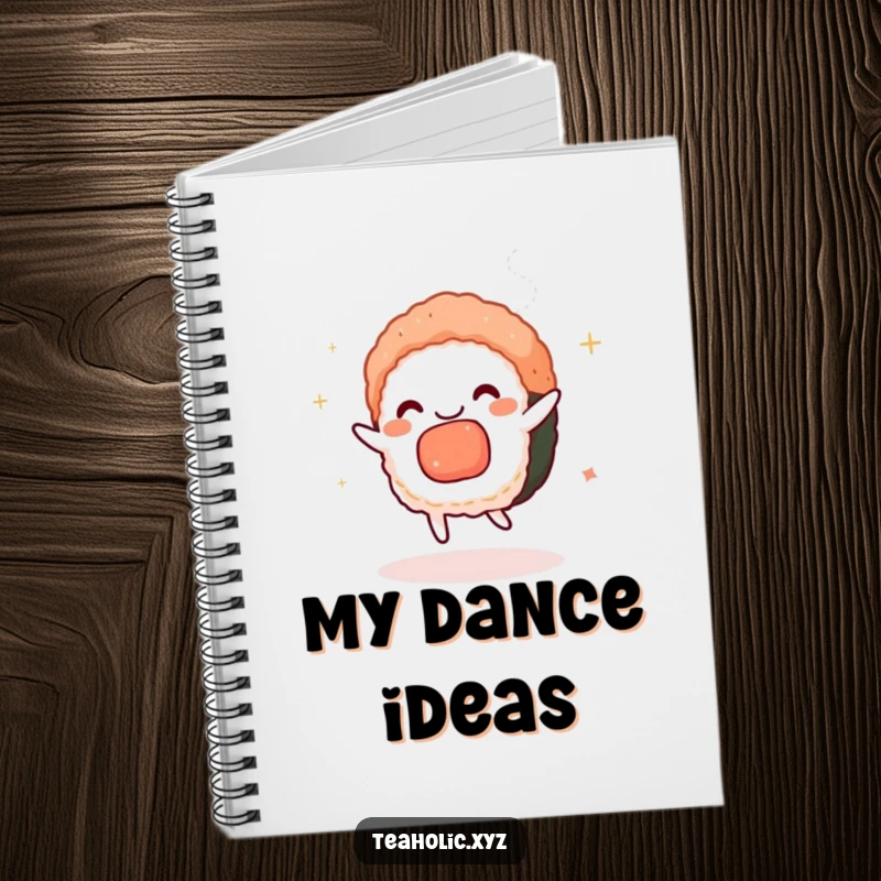 Funny sushi notebook with a charmed sushi piece dancing with tea steam, perfect for notes and imaginative ideas.