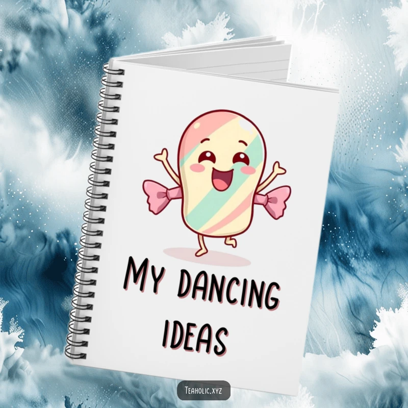 Funny notebook with a cheerful candy dancing energetically, designed to inspire creative writing and note-taking with a sweet motif.