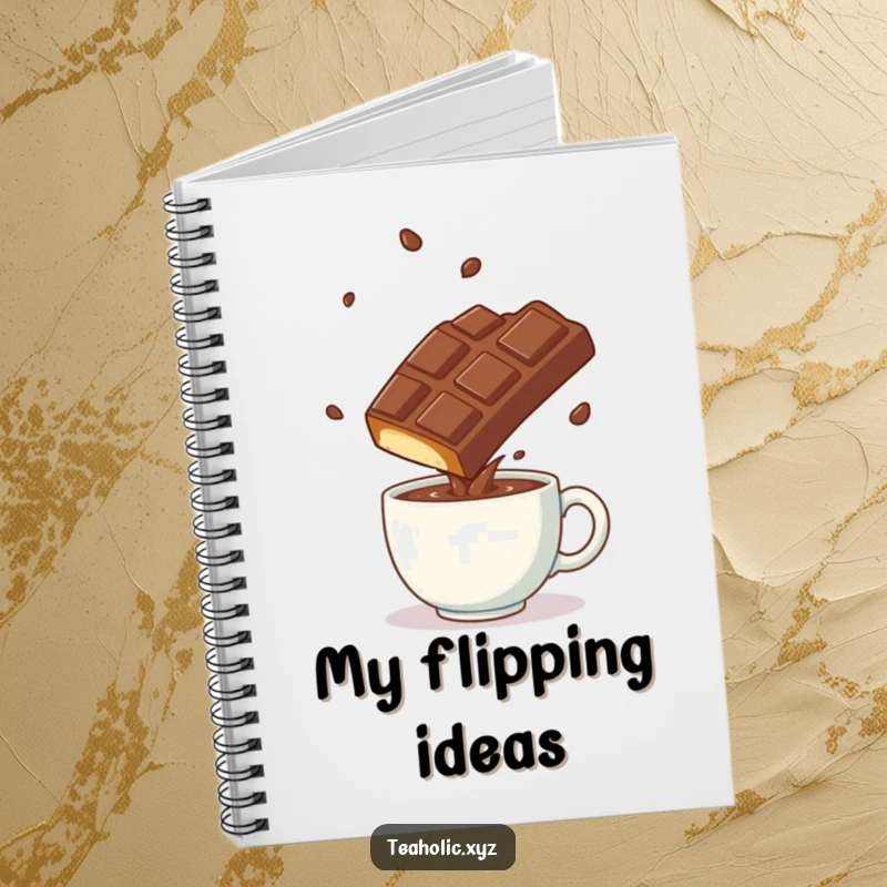 Funny playful chocolate bar doing a somersault over a steaming mug, ideal for a notebook cover.