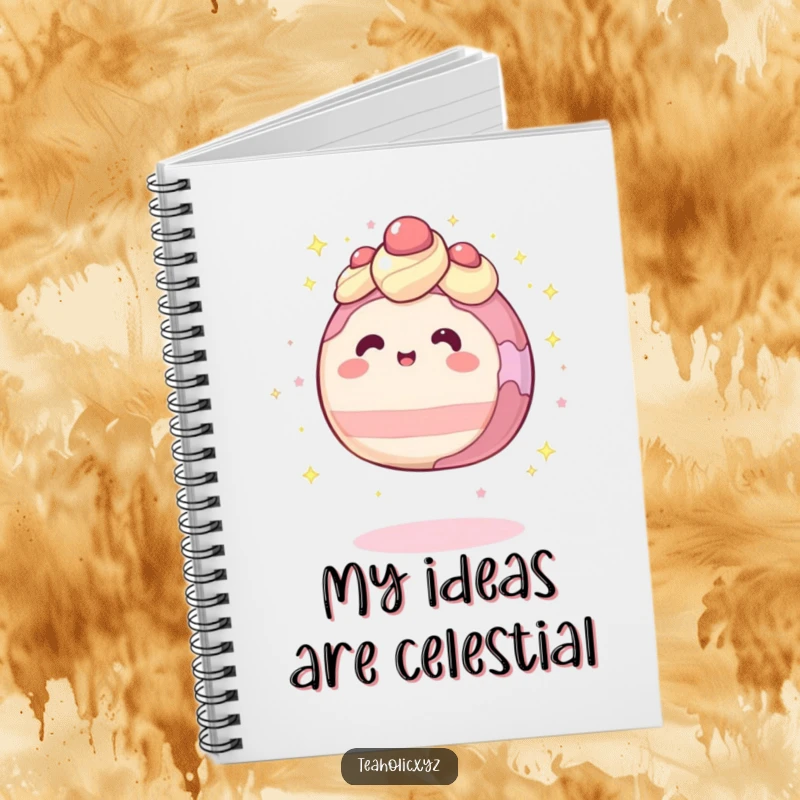 Funny notebook cover featuring a round cake character levitating with sparkles, perfect for jotting down magical thoughts.